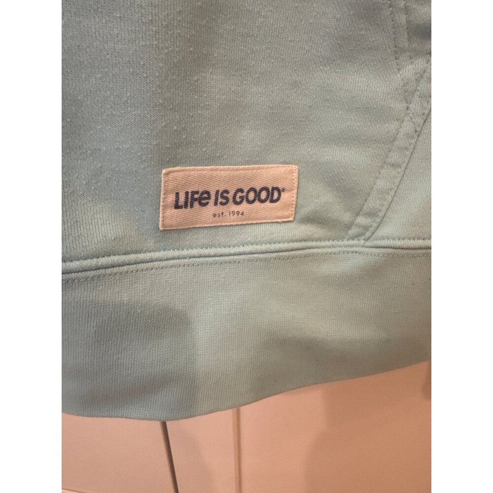 Life Is Good M Beach Blue Hoodie Sweatshirt Front Pocket & Fishing Graphic Lake - Picture 7 of 11